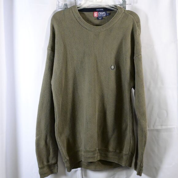 VTG Chaps Ralph Lauren Mens Large Green Herringbone Hand Framed Pullover Sweater - Picture 1 of 7